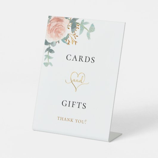 Blush roze florale eucalyptus greenery cards cadea reclamebord met voetstuk (Voorkant)