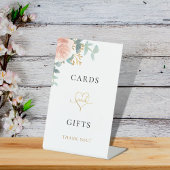 Blush roze florale eucalyptus greenery cards cadea reclamebord met voetstuk