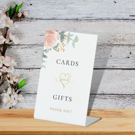 Blush roze florale eucalyptus greenery cards cadea reclamebord met voetstuk