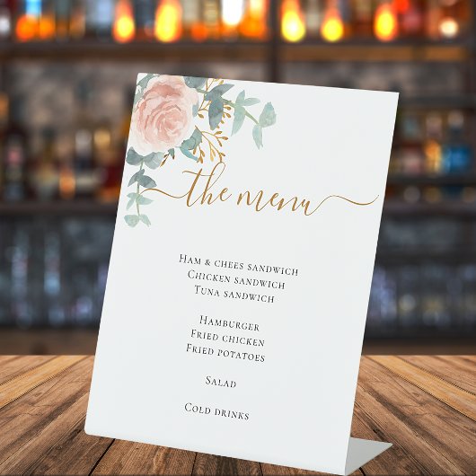 Blush roze florale eucalyptus menu drink reclamebord met voetstuk