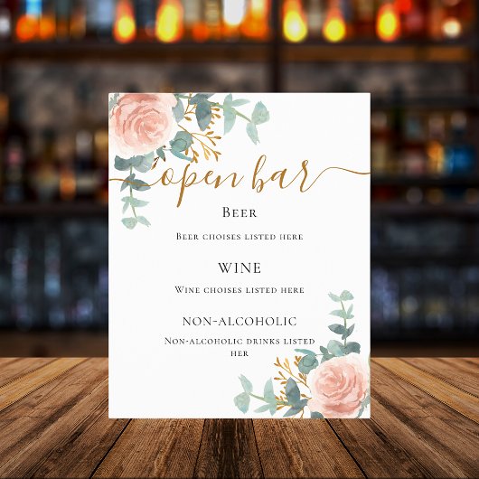 Blush roze florale eucalyptusbar menu