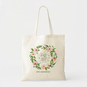 Blush roze florale kreet bedankt leraar cadeau tote bag