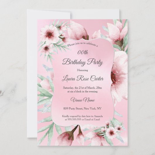 blush roze florale Silver Birthday Party Kaart (Voorkant)