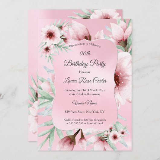  blush roze florale Silver Birthday Party Kaart (Voorkant / Achterkant)