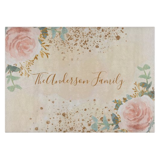 Blush roze floralen Eucalyptus Gold gliter familie Snijplank (Voorkant)