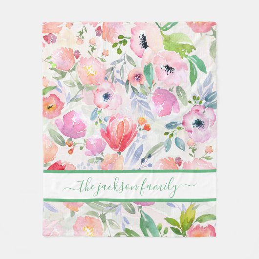 Blush roze florals familienaam script fleece deken (Voorkant)