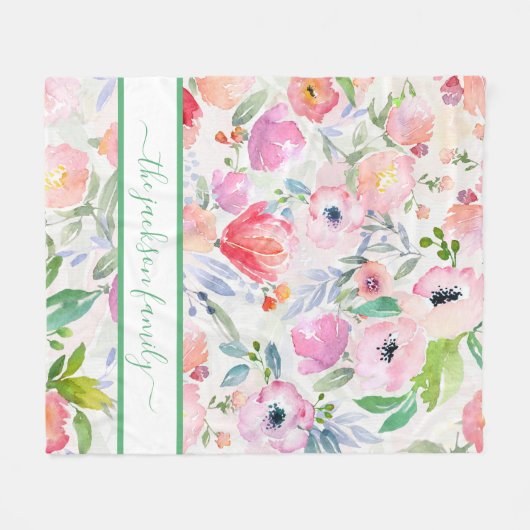 Blush roze florals familienaam script fleece deken (Voorkant (Horizontaal))