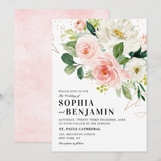 Blush roze Florals Modern Gold Geometric Weddensch Kaart (Voorkant / Achterkant)