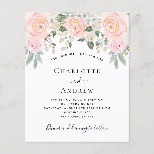 Blush roze florals social media bruiloft budget flyer (Voorkant)