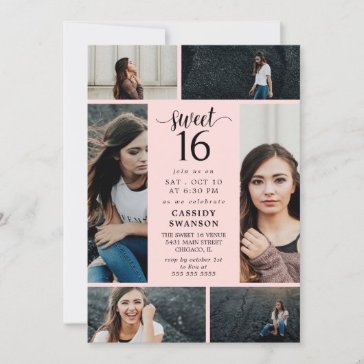 Blush Roze foto Collage Sweet Sixteen Kaart (Voorkant)