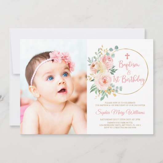 Blush Roze Foto Doop & Eerste Verjaardag Kaart (Voorkant)