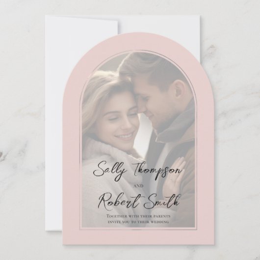 Blush roze foto kalligrafie script bruiloft kaart (Voorkant)