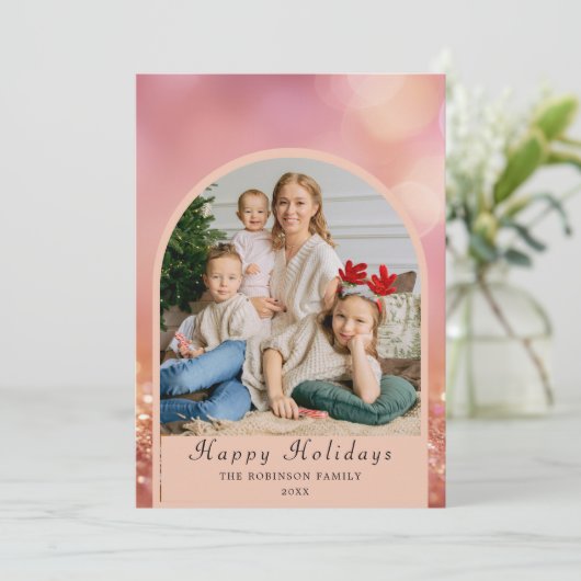 Blush roze foto moderne kerst feestdagenkaart (Staand voorkant)