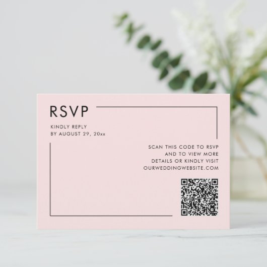 Blush Roze Foto QR Code Bruiloft RSVP Behuizing Kaart (Staand voorkant)