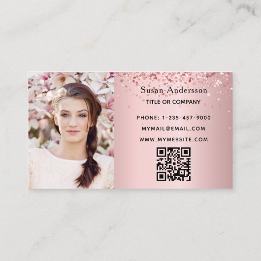 Blush roze foto QR code glitter vrouw Visitekaartje (Achterkant)