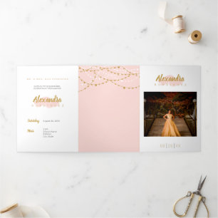 Blush roze foto Quinceanera Drieluik Uitnodiging