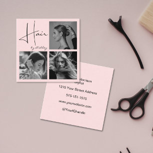 Blush Roze Foto Zwart Script Haarstylist Vierkante Visitekaartje