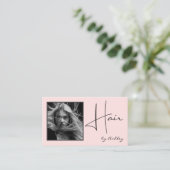 Blush Roze Foto Zwart Script Haarstylist Visitekaartje (Staand voorkant)
