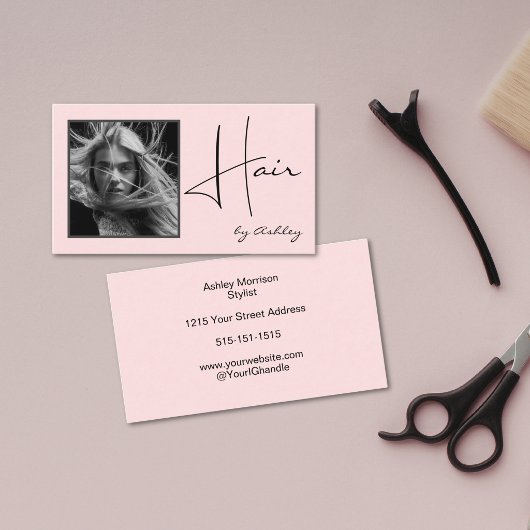 Blush Roze Foto Zwart Script Haarstylist Visitekaartje