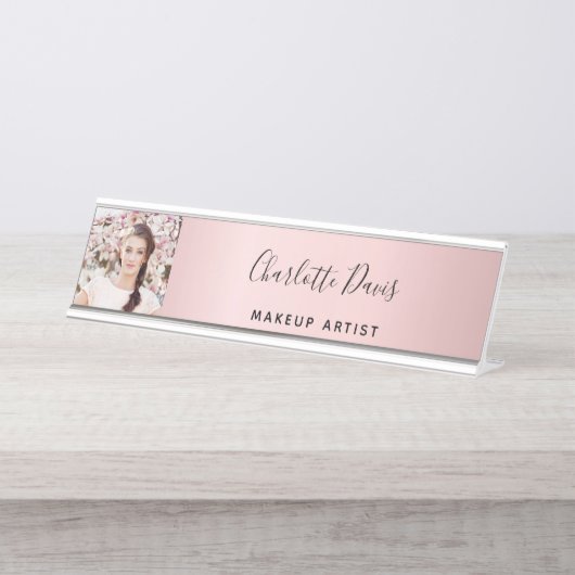 Blush roze fotomonogram moderne handtekening bureau naambordje (Voorkant)