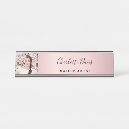 Blush roze fotomonogram moderne handtekening bureau naambordje (Voorkant)
