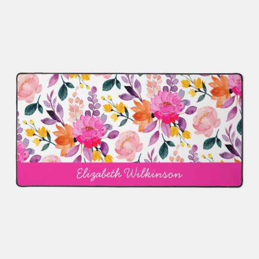 Blush roze fuchsia waterverf bloemen naam bureaumat (Voorkant)