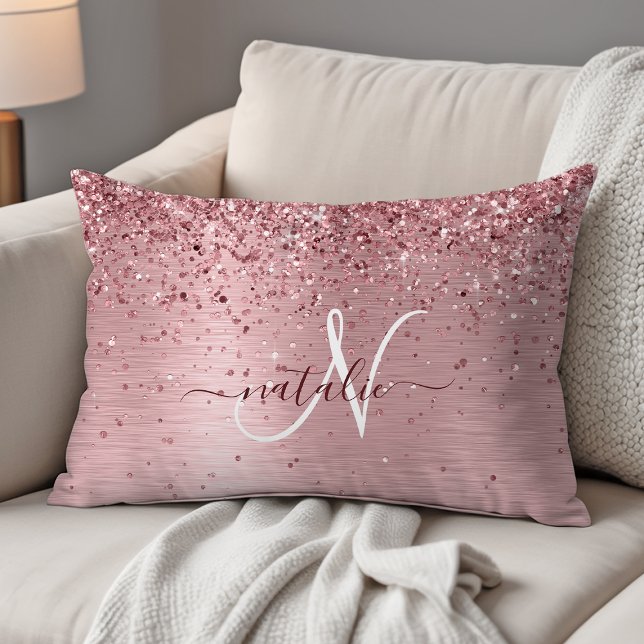 Blush Roze geborsteld metaal Glitter Monogram Naam Accent Kussen (Creator heeft geüpload)