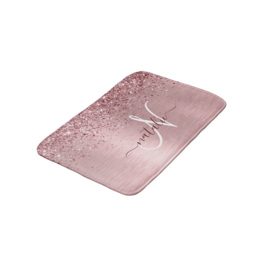 Blush Roze geborsteld metaal Glitter Monogram Naam Badmat (Gekanteld)