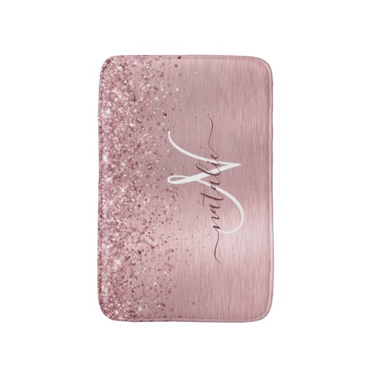 Blush Roze geborsteld metaal Glitter Monogram Naam Badmat (Voorkant Verticaal)