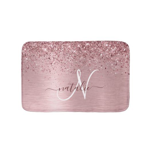 Blush Roze geborsteld metaal Glitter Monogram Naam Badmat (Voorkant)