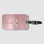 Blush Roze geborsteld metaal Glitter Monogram Naam Bagagelabel (Voorkant (horizontaal))