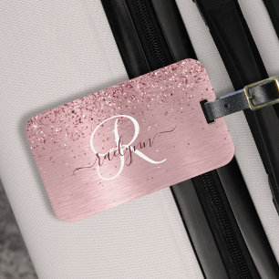 Blush Roze geborsteld metaal Glitter Monogram Naam Bagagelabel