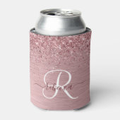 Blush Roze geborsteld metaal Glitter Monogram Naam Blikjeskoeler (Blikje Voorkant)