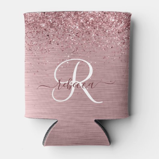 Blush Roze geborsteld metaal Glitter Monogram Naam Blikjeskoeler (Voorkant)