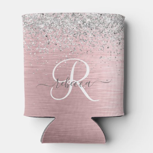 Blush Roze geborsteld metaal Glitter Monogram Naam Blikjeskoeler (Achterkant)