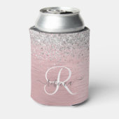 Blush Roze geborsteld metaal Glitter Monogram Naam Blikjeskoeler (Blikje Achterkant)