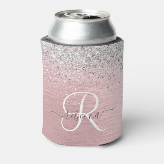 Blush Roze geborsteld metaal Glitter Monogram Naam Blikjeskoeler (Blikje Achterkant)