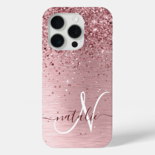 Blush Roze geborsteld metaal Glitter Monogram Naam iPhone 15 Pro Case
