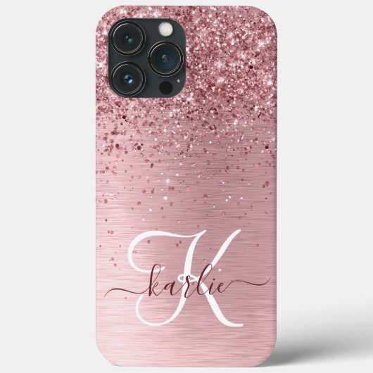 Blush Roze geborsteld metaal Glitter Monogram Naam Case-Mate iPhone Case (Achterkant)