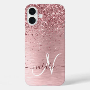 Blush Roze geborsteld metaal Glitter Monogram Naam iPhone 16 Plus Hoesje