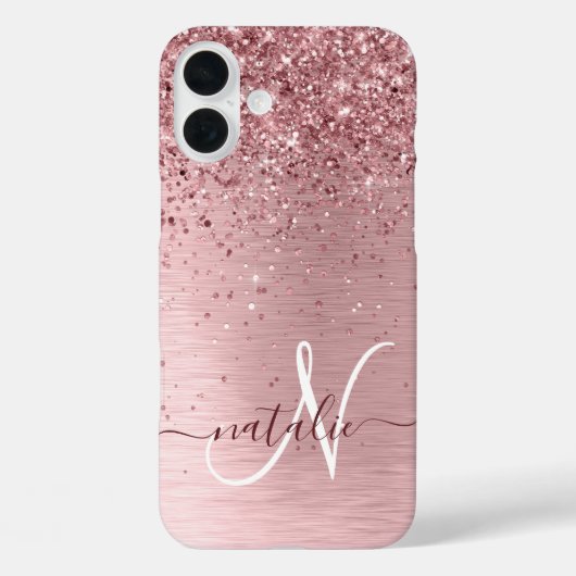 Blush Roze geborsteld metaal Glitter Monogram Naam Case-Mate iPhone Case (Achterkant)