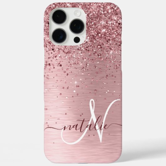 Blush Roze geborsteld metaal Glitter Monogram Naam Case-Mate iPhone Case (Achterkant)