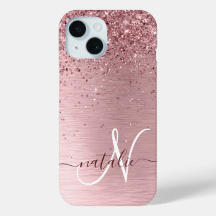 Blush Roze geborsteld metaal Glitter Monogram Naam iPhone 15 Case