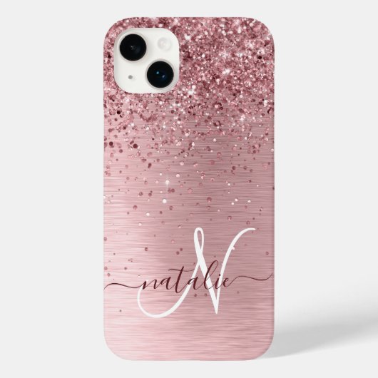 Blush Roze geborsteld metaal Glitter Monogram Naam Case-Mate iPhone Case (Achterkant)