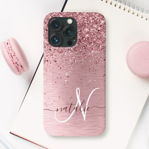 Blush Roze geborsteld metaal Glitter Monogram Naam Case-Mate iPhone Case