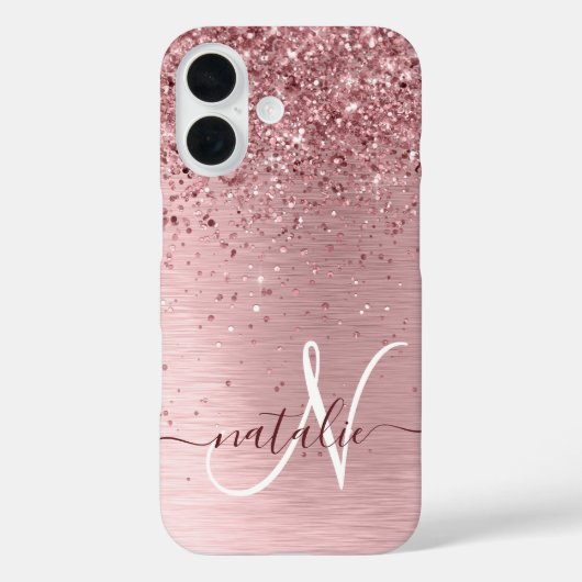 Blush Roze geborsteld metaal Glitter Monogram Naam Case-Mate iPhone Case (Achterkant)