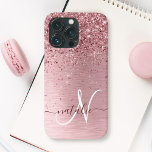 Blush Roze geborsteld metaal Glitter Monogram Naam Case-Mate iPhone Case<br><div class="desc">Pas dit trendy chassis voor telefoongesprekken eenvoudig aan met een  zwarte roze mousserende glitter op een lichtroze,  geborstelde metalen achtergrond.</div>