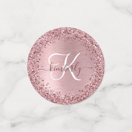 Blush Roze geborsteld metaal Glitter Monogram Naam Confetti (Kleine voorkant)