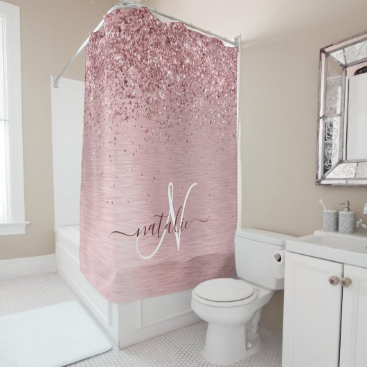 Blush Roze geborsteld metaal Glitter Monogram Naam Douchegordijn (In situ)