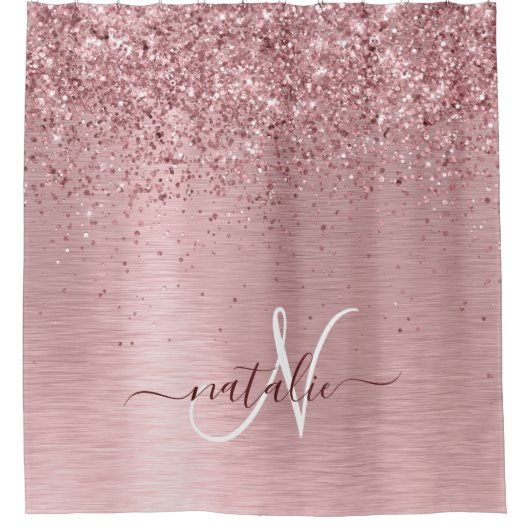 Blush Roze geborsteld metaal Glitter Monogram Naam Douchegordijn (Voorkant)